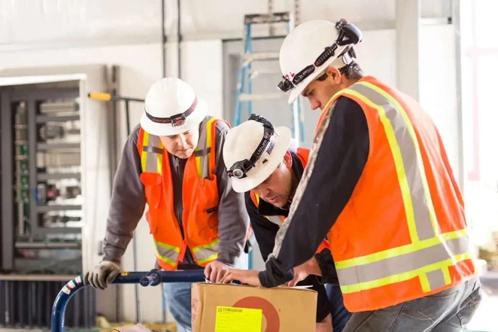 Three Vancouver electricians in orange vests and white helmets