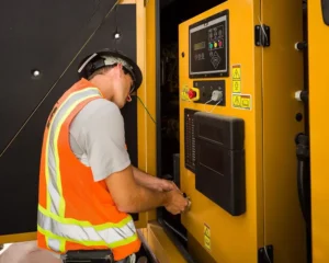 A Vancouver electrician, wearing a safety vest and hard hat, diligently works on maintenance inside the control panel of industrial equipment.